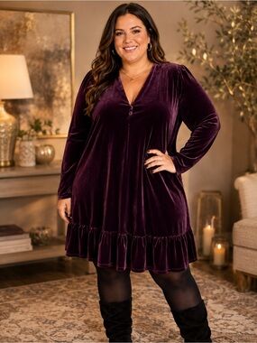 Taylor Woman 18W Wine Tasting Plum Velvet Long Sleeve Ruffle Hem Dress NWT